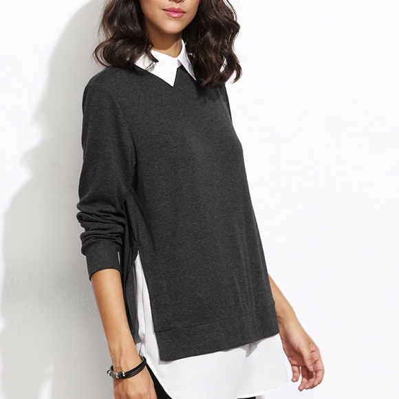 Contrast Collar Curved Hem 2-in-1 Sweater - Picture 3 of 5